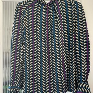 Women's Geometric Print Long-Sleeve Blouse - Navy, Cream & Purple